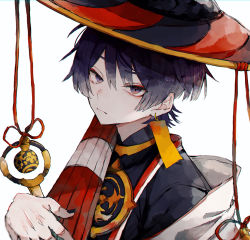 Rule 34 | 1boy, bishounen, black nails, closed mouth, dragonagia643, earrings, genshin impact, hat, highres, japanese clothes, jewelry, looking at viewer, male focus, nail polish, purple eyes, purple hair, red ribbon, ribbon, scaramouche (genshin impact), short hair, simple background, solo, upper body, white background