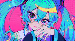 Rule 34 | 1girl, aqua hair, blonde hair, blue eyes, blue hair, blue nails, colored sclera, crossed bangs, gradient eyes, hair between eyes, halftone, halftone background, halftone texture, hands up, hatsune miku, heart, highres, long hair, looking at viewer, miku day, multicolored eyes, multicolored hair, nail polish, open mouth, own hands together, pink background, pink eyes, pink sclera, portrait, savi (byakushimc), sleeves past wrists, solo, star (symbol), symbol in eye, twintails, vocaloid, yellow nails