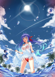 Rule 34 | 1girl, :d, absurdres, ahoge, aqua eyes, aqua hair, bikini, blue hair, blue sky, blunt bangs, blush, breasts, cleavage, cloud, collarbone, contrail, day, dress, fisheye, floating hair, frilled dress, frills, from below, gradient hair, hair ribbon, hasaya, highres, in water, large breasts, long hair, multicolored hair, navel, open mouth, original, outdoors, palm tree, purple hair, red bikini, red ribbon, ribbon, see-through, skirt hold, sky, sleeveless, sleeveless dress, smile, solo, standing, sun, sundress, sunlight, swimsuit, teeth, tree, twintails, wading, water drop, white dress