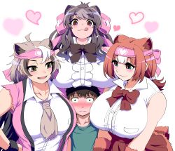 Rule 34 | 1boy, 3girls, :q, ahoge, alternate breast size, animal ears, bare shoulders, bear ears, bear girl, bergman&#039;s bear (kemono friends), black hair, blush, bow, bowtie, breast rest, breasts, breasts on head, brown eyes, brown hair, closed mouth, constricted pupils, empty eyes, extra ears, ezo brown bear (kemono friends), fangs, fur bracelet, furrowed brow, grey hair, hair bow, hair ornament, hair scrunchie, hand on own hip, headband, heart, height difference, hetero, highres, huge breasts, kemono friends, kodiak bear (kemono friends), licking lips, long hair, looking at another, mamiyama, multicolored hair, multiple girls, nose blush, open mouth, scrunchie, shirt, short hair, sidelocks, sleeveless, sleeveless shirt, smile, tongue, tongue out, torn clothes, torn sleeves, very long hair, vest, white hair, you gonna get raped