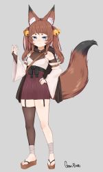 Rule 34 | 1girl, absurdres, animal ears, ankle wrap, bell, blue eyes, breasts, brown hair, cape, eyebrows, fox ears, fox girl, fox tail, goki buri, grey background, hand on own hip, highres, japanese clothes, jingle bell, long sleeves, looking at viewer, original, red skirt, ribbon, sandals, single leg pantyhose, skirt, small breasts, tail, thick eyebrows, twintails