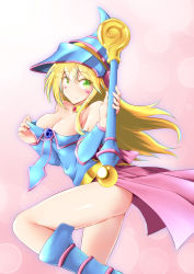 Rule 34 | 1girl, ass, bare shoulders, blonde hair, blue footwear, blush stickers, boots, breasts, choker, cleavage, dark magician girl, duel monster, green eyes, hat, hexagram, highres, large breasts, long hair, pentacle, pentagram, solo, staff, thighs, wand, wizard hat, yamauchi (conan-comy), yu-gi-oh!, yuu-gi-ou, yu-gi-oh! duel monsters