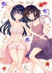 Rule 34 | 2girls, bare arms, bare shoulders, barefoot, bed sheet, black hair, bloomers, blush, breasts, brown hair, character request, chiune (yachi), cleavage, closed mouth, collarbone, commentary request, dress, feet out of frame, flower, hachisuka hatsuno, hair between eyes, highres, long hair, lying, medium breasts, mole, mole under eye, multiple girls, navel, on back, open mouth, pink bloomers, purple dress, purple eyes, purple flower, red flower, see-through, see-through sleeves, short sleeves, smile, suenobu itsuki, tsumugu otome to taishou no tsuki, underwear, very long hair, white flower, yellow flower