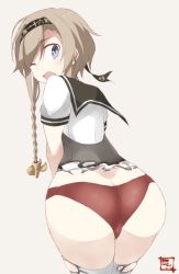 Rule 34 | 10s, 1girl, ;o, anchor symbol, ass, bad id, bad twitter id, braid, butt crack, clothes writing, corset, dimples of venus, from behind, hair between eyes, hair ornament, hairband, kantai collection, light brown hair, long hair, looking back, no pants, one eye closed, panties, propeller hair ornament, puffy short sleeves, puffy sleeves, purple eyes, red panties, school uniform, serafuku, shigino sohuzi, short sleeves, simple background, skindentation, solo, teruzuki (kancolle), thighhighs, torn clothes, torn thighhighs, twin braids, underwear, white thighhighs