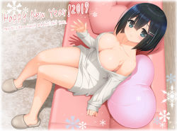 Rule 34 | 1girl, 2019, areola slip, arm support, bare shoulders, black hair, blue eyes, blush, bob cut, breasts, brown footwear, cleavage, closed mouth, commentary, couch, covered erect nipples, downblouse, dress, english text, from above, full body, hair ornament, hairclip, happy new year, heart, heart-shaped pillow, kanekiyo miwa, large breasts, legs, long sleeves, looking at viewer, new year, no bra, off shoulder, original, pillow, sandals, shadow, short dress, short hair, sitting, smile, snowflake print, solo, sweater, sweater dress, waving, white dress