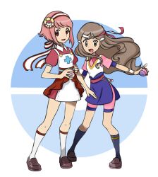 Rule 34 | 2girls, belt, blue socks, border, brown eyes, brown footwear, brown hair, commentary, creatures (company), dot nose, english commentary, fire emblem, fire emblem fates, game freak, hana (fire emblem), headband, holding, holding poke ball, long hair, looking at viewer, lumi teacup, multiple girls, nintendo, official style, open mouth, outside border, parody, pink hair, poke ball, pokemon, pokemon oras, round border, sakura (fire emblem), shoes, short hair, smile, socks, white background, white socks