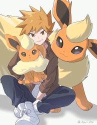 Rule 34 | 1boy, absurdres, alternate costume, black pants, blue oak, boots, brown eyes, brown hair, brown shirt, character doll, collared shirt, commentary request, creatures (company), doll, flareon, game freak, gen 1 pokemon, highres, holding, holding doll, jayj 824, male focus, nintendo, open clothes, open shirt, pants, parted lips, pokemon, pokemon (creature), pokemon rgby, shirt, short hair, sitting, smile, spiked hair, twitter username, undershirt, white footwear