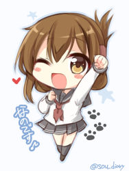 Rule 34 | 1girl, ;d, arm up, blush stickers, brown eyes, brown footwear, brown hair, chibi, commentary request, folded ponytail, full body, grey sailor collar, grey skirt, grey socks, hair between eyes, heart, inazuma (kancolle), kantai collection, long sleeves, looking at viewer, neckerchief, one eye closed, open mouth, pleated skirt, red neckerchief, sailor collar, school uniform, serafuku, shirt, sidelocks, skirt, smile, socks, solo, sou (soutennkouchi), star (symbol), translation request, twitter username, white background, white shirt