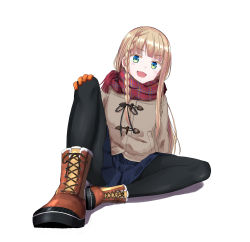 Rule 34 | 1girl, ankle boots, beige coat, black pantyhose, blonde hair, blue skirt, blunt bangs, boots, braid, coat, commentary request, cross-laced footwear, duffel coat, gloves, gradient eyes, highres, lace-up boots, looking at viewer, multicolored eyes, multicolored footwear, open mouth, original, pantyhose, plaid, plaid scarf, scarf, school uniform, single braid, sitting, skirt, smile, solo, urushiushiru, v-shaped eyebrows, white background