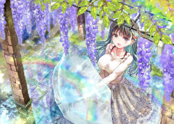 Rule 34 | 1girl, :d, black hair, blue eyes, breasts, collarbone, commentary request, floral print, flower, grey skirt, highres, holding, holding umbrella, large breasts, leaf, long hair, long sleeves, looking at viewer, ogata tei, open mouth, original, outdoors, print skirt, rainbow, reflection, reflective water, shirt, skirt, smile, standing, transparent, transparent umbrella, umbrella, water drop, wet, white shirt, wisteria