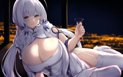Rule 34 | 1girl, absurdres, arashiki mamizu, azur lane, blush, breasts, china dress, chinese clothes, cleavage, commentary request, dress, hair ornament, highres, huge breasts, illustrious (azur lane), illustrious (maiden lily&#039;s radiance) (azur lane), long hair, looking at viewer, lying, mole, mole under eye, official alternate costume, on side, parted lips, short sleeves, smile, solo, thighhighs, thighs, white dress, white hair, white thighhighs