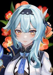 Rule 34 | 1girl, absurdres, black background, black hairband, blue hair, blue necktie, closed mouth, clothing cutout, eula (genshin impact), floral background, flower, genshin impact, gnsn tukituki, hair ornament, hairband, highres, lips, looking at viewer, medium hair, necktie, orange eyes, purple eyes, red flower, shoulder cutout, sidelocks, simple background, solo, straight-on, two-tone eyes, upper body, vision (genshin impact)