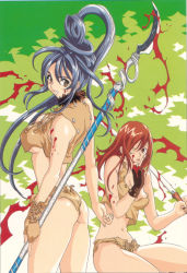Rule 34 | 2girls, ass, blade, blood, blue hair, breasts, brown eyes, brown hair, cleavage, covered erect nipples, dripping, fingerless gloves, gloves, hand up, highres, himiko-den, holding, imari (himiko-den), katana, large breasts, long hair, looking at viewer, looking back, midriff, multiple girls, naginata, navel, no bra, one eye closed, oogure ito, open mouth, panties, polearm, sabre, shino (himiko-den), shirt, simple background, sleeveless, sleeveless shirt, smile, squatting, standing, sword, thong, tongue, underboob, underwear, very long hair, weapon, wink