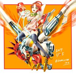 Rule 34 | 1girl, 2017, bird, breasts, character request, chinese zodiac, glowing, glowing wings, happy new year, japanese clothes, kamizono (spookyhouse), kimono, looking at viewer, machine, machinery, mecha, mechanical wings, mechanization, new year, open mouth, orange background, original, red hair, robot, short hair, sitting, smile, solo, thighhighs, wings, year of the rooster, yukata