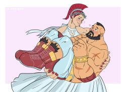 Rule 34 | 1girl, bara, beard, blush, body fur, capcom, carrying, cross-laced footwear, dress, facial hair, fidgeting, full body, heart, hetero, highres, index fingers together, large feet, large hands, laurel crown, marco rodrigues (saikyokugen), marisa (street fighter), mature male, mohawk, muscular, muscular male, princess carry, raised eyebrows, scar, scar on arm, shy, street fighter, street fighter 6, white dress, wide-eyed, wrestling outfit, zangief