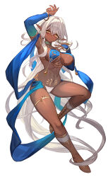 Rule 34 | 1girl, bags under eyes, belly dancing, blonde hair, blush, boots, breast curtains, breasts, cleavage, dancer, dark-skinned female, dark elf, dark skin, dynamic pose, elf, expressionless, full body, highres, jewelry, lack, large breasts, long hair, looking at viewer, navel, original, panties, pointy ears, pubic tattoo, revealing clothes, simple background, solo, tattoo, thighlet, toned, underboob, underwear, very dark skin, very long hair, white background, white hair, white panties