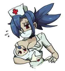 Rule 34 | + +, baby, blue hair, breasts, choker, cleavage, eyepatch, flying sweatdrops, gats (nougats), gloves, hair over one eye, hat, large breasts, mother and child, mouth mask, nurse, nurse cap, ponytail, red eyes, skullgirls, surgical mask, valentine (skullgirls), white gloves