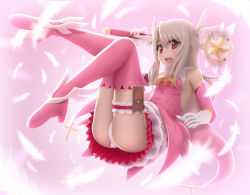 Rule 34 | 1girl, blush, boots, elbow gloves, fate/kaleid liner prisma illya, fate (series), feather hair ornament, feathers, gloves, feather hair ornament, illyasviel von einzbern, kaleidostick, bridal garter, long hair, long legs, looking at viewer, magical girl, open mouth, panties, pantyshot, pink footwear, prisma illya, red eyes, siraha, skirt, solo, thigh boots, thighhighs, two side up, underwear, upskirt, wand, white hair, white panties