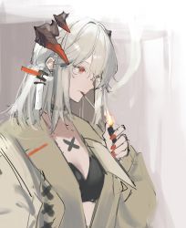 Rule 34 | 1girl, absurdres, arknights, black bra, bra, breasts, brown jacket, cigarette, dragon girl, dragon horns, earclip, fire, grey hair, highres, holding, holding lighter, horns, jacket, joshua (shisanli934), lighter, lighting cigarette, long hair, mouth hold, nail polish, open clothes, open jacket, orange eyes, orange nails, saria (arknights), simple background, small breasts, solo, underwear, upper body, white background