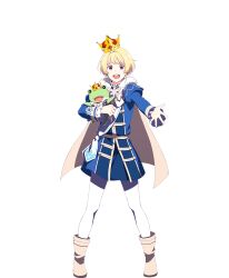 Rule 34 | 1boy, blonde hair, cape, crown, earrings, frilled sleeves, frills, full body, fur trim, highres, holding, holding stuffed toy, idolmaster, idolmaster side-m, idolmaster side-m growing stars, jewelry, kaerre, looking at viewer, male focus, official art, open mouth, outstretched hand, pierre bichelberger, purple eyes, shoes, smile, snowflake print, solo, stuffed animal, stuffed frog, stuffed toy, teeth, transparent background, upper teeth only