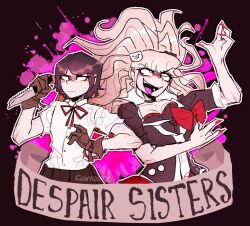 Rule 34 | 2girls, bear hair ornament, black background, black hair, black shirt, black skirt, blonde hair, blood, blood splatter, body freckles, bow, bowtie, bra, breasts, brown gloves, choker, cleavage, closed mouth, collarbone, collared shirt, danganronpa: trigger happy havoc, danganronpa (series), english text, enoshima junko, eyelashes, fingernails, flat chest, freckles, gloves, hair ornament, hand up, highres, holding, holding knife, holding weapon, ikusaba mukuro, knife, long hair, looking at another, m/, medium breasts, medium hair, multicolored background, multiple girls, nail polish, bowtie, neck ribbon, open mouth, pink background, pink blood, plaid, plaid skirt, pleated skirt, red bow, red nails, red ribbon, red skirt, ribbon, shirt, short sleeves, siblings, signature, simple background, sisters, skirt, standing, tongue, tongue out, twins, twintails, underwear, weapon, white shirt