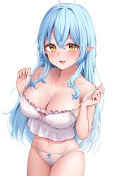 Rule 34 | 1girl, :d, absurdres, ahoge, bare shoulders, blue hair, bow, bow panties, breasts, camisole, cleavage, collarbone, commentary, crop top, crossed bangs, double-parted bangs, frilled camisole, frills, hair between eyes, hatsanxp, heart, heart ahoge, highres, hololive, large breasts, long hair, looking at viewer, midriff, multicolored hair, navel, no pants, official alternate costume, open mouth, panties, pointy ears, polka dot camisole, sidelocks, simple background, smile, solo, standing, strap pull, streaked hair, underwear, undressing, very long hair, virtual youtuber, white background, white camisole, white panties, yellow eyes, yukihana lamy, yukihana lamy (loungewear)