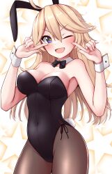 Rule 34 | 1girl, absurdres, alternate costume, animal ears, black bow, black bowtie, black leotard, black pantyhose, blonde hair, blue eyes, bow, bowtie, breasts, cleavage, contrapposto, detached collar, highres, index fingers raised, iowa (kancolle), kantai collection, large breasts, leotard, long hair, pantyhose, playboy bunny, pointing, pointing at self, rabbit ears, rabbit tail, smile, solo, standing, star-shaped pupils, star (symbol), starry background, strapless, strapless leotard, symbol-shaped pupils, tail, tiemu (man190), wrist cuffs