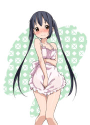 Rule 34 | 1girl, apron, bare shoulders, black hair, blush, brown eyes, collarbone, errant, k-on!, long hair, nakano azusa, naked apron, solo, twintails