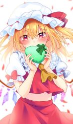 Rule 34 | 1girl, ascot, blonde hair, blush, bow, box, commentary, covered mouth, cowboy shot, crossed bangs, crystal, eyelashes, eyes visible through hair, flandre scarlet, floating hair, frilled shirt collar, frills, gift, hair between eyes, hands up, hat, heart-shaped box, holding, holding gift, looking at viewer, medium hair, mob cap, pointy ears, puffy short sleeves, puffy sleeves, red bow, red eyes, red skirt, red vest, rimu (kingyo origin), shirt, short sleeves, shy, side ponytail, simple background, skirt, solo, touhou, tsurime, valentine, vest, white background, white hat, white shirt, wings, yellow ascot