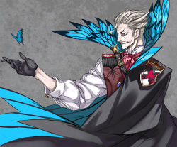 Rule 34 | 1boy, black gloves, blue eyes, bug, butterfly, cape, facial hair, fate/grand order, fate (series), gloves, grey background, grey hair, hair slicked back, honjou raita, bug, james moriarty (archer) (fate), long sleeves, male focus, mustache, photoshop (medium), solo, vest