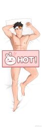 Rule 34 | 1boy, abs, absurdres, bara, bed sheet, black hair, censored, censored by text, dakimakura (medium), from above, full body, gyee, headband, highres, katto8452, large pectorals, lying, male focus, muscular, muscular male, nipples, nude, on back, pectorals, short hair, smile, solo, spiked hair, stomach, sven (gyee), thick eyebrows, thighs