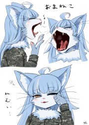 1boy 4shi ahoge animal_ear_fluff animal_nose blue_hair body_fur breath camouflage camouflage_jacket closed_eyes cropped_torso fangs from_side furry furry_male hand_to_own_mouth highres jacket japan_air_self-defense_force_omaezaki_sub-base long_hair male_focus mane military_jacket multicolored_hair multiple_views omaneko one_eye_closed open_mouth pink_nails profile simple_background solo streaked_hair tearing_up trap upper_body white_background white_hair yawning