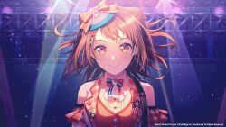 Rule 34 | bang dream!, bare shoulders, bow, bow earrings, brown hair, cone hair bun, earrings, hair bun, hair ornament, highres, jewelry, looking at viewer, medium hair, official art, orange eyes, smile, star (symbol), star hair ornament, toyama kasumi