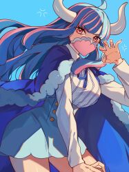 Rule 34 | 1girl, anger vein, blue background, blue hair, blue skirt, blunt bangs, cape, commentary request, cowboy shot, high-waist skirt, highres, horns, kurage20001, mask, mouth mask, multicolored hair, one piece, pink eyes, pink hair, shirt, sidelocks, simple background, skirt, solo, two-tone hair, ulti (one piece), white horns, white shirt