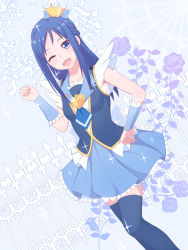 Rule 34 | 1girl, blue dress, blue eyes, blue hair, blue skirt, blue theme, blue thighhighs, braid, brooch, color connection, cosplay, crossover, crown, cure princess, cure princess (cosplay), dokidoki! precure, dress, dutch angle, flower, hair ornament, happinesscharge precure!, happy, heart, heart brooch, highres, hishikawa rikka, jewelry, long hair, looking at viewer, matching hair/eyes, one eye closed, open mouth, precure, rose, shirt, single braid, skirt, smile, solo, thighhighs, thighs, unpale, wink, wrist cuffs, zettai ryouiki
