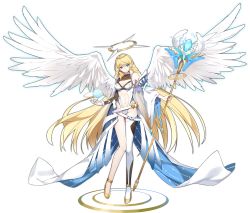 Rule 34 | 1girl, angel, ark order, bare shoulders, blonde hair, blue eyes, breasts, cleavage, clothing cutout, detached sleeves, earrings, falling feathers, feathered wings, feathers, full body, gold footwear, greetload, halo, high heels, highres, holding, holding staff, jewelry, large breasts, leotard, long hair, michael (ark order), navel, navel cutout, official art, orb, shoes, single thighhigh, solo, staff, tachi-e, thigh strap, thighhighs, transparent background, very long hair, white wings, wings