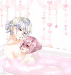 Rule 34 | 1girl, 1other, age difference, bad id, bad pixiv id, bath, blush, completely nude, couple, highres, nude, odoroge, onee-loli, original, pink hair, red eyes, water, yuri