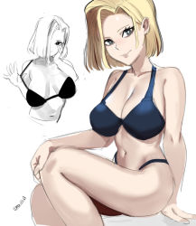Rule 34 | 1girl, android 18, arm behind back, artist name, bad id, bad twitter id, black bra, blonde hair, blue eyes, bra, breasts, breasts apart, cleavage, dragon ball, dragonball z, hair over one eye, hand on own cheek, hand on own face, hand on own knee, highres, large breasts, looking at viewer, multiple views, navel, panties, sho-n-d, short hair, smile, strap lift, underwear, underwear only, white background
