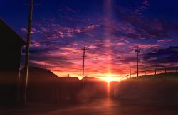 Rule 34 | blue sky, cloud, cloudy sky, commentary request, house, mks, no humans, original, outdoors, path, power lines, purple sky, railing, road, scenery, sky, sun, sunlight, sunset, town, utility pole