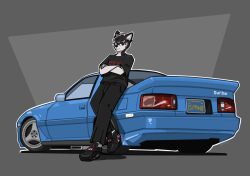 Rule 34 | adamartz, air jordan, animal ears, black eyes, black footwear, black hair, black pants, black shirt, blue background, blue car, car, commission, crossed arms, furry, furry male, grey background, highres, license plate, looking to the side, male focus, motor vehicle, original, pants, shadow, shirt, shoes, smile, sneakers, sports car, toyota, toyota supra, toyota supra mk iii, v-shaped eyebrows, vehicle focus