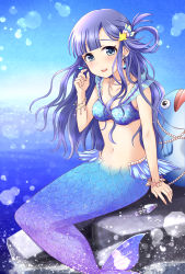 Rule 34 | 1girl, asari nanami, blue eyes, blue hair, blush, breasts, cleavage, fish, fish hair ornament, hair ornament, highres, idolmaster, idolmaster cinderella girls, jewelry, lens flare, long hair, looking at viewer, mermaid, monster girl, navel, ocean, open mouth, small breasts, smile, solo, youme