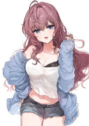 Rule 34 | 1girl, absurdres, ahoge, black shorts, blue eyes, blue jacket, blush, breasts, brown hair, cleavage, collarbone, commentary request, hair between eyes, highres, ichinose shiki, idolmaster, idolmaster cinderella girls, jacket, kuromitsu maria, large breasts, long hair, long sleeves, looking at viewer, navel, short shorts, shorts, simple background, smile, solo, tongue, tongue out, wavy hair, white background