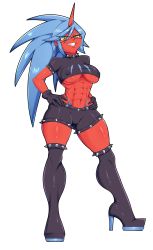 Rule 34 | 1girl, abs, absurdres, black gloves, blue hair, boots, breasts, colored skin, covered erect nipples, crop top, demon girl, full body, glasses, gloves, green eyes, grin, hands on own hips, high heel boots, high heels, highres, horns, kneesocks (psg), large breasts, long hair, looking at viewer, mehdrawings, midriff, panty &amp; stocking with garterbelt, red skin, short sleeves, shorts, single horn, smile, solo, standing, teeth, thigh boots, thighhighs, transparent background, underboob