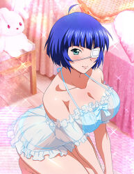 Rule 34 | 1girl, ahoge, ass, bed, bedroom, blue hair, blunt bangs, blush, bob cut, bra, breasts, butt crack, cleavage, closed mouth, dress, eyepatch, green eyes, heart, heart-shaped pillow, ikkitousen, indoors, kneeling, large breasts, lingerie, mole, mole under mouth, nightgown, off-shoulder dress, off shoulder, panties, pillow, ryomou shimei, see-through, see-through dress, short dress, short hair, side-tie panties, sleepwear, smile, solo, sparkle, stuffed animal, stuffed rabbit, stuffed toy, underwear, white bra, white panties, wooden floor