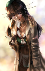 Rule 34 | 1girl, beret, black hair, blurry, blurry background, blush, breasts, can, choker, choukai (kancolle), choukai kai ni (kancolle), cleavage, coat, cowboy shot, fur trim, glasses, hand on own thigh, hat, headgear, highres, holding, holding can, kantai collection, kokuzou, large breasts, long hair, looking at viewer, midriff, navel, neckerchief, open mouth, pleated skirt, red eyes, school uniform, serafuku, skirt, smile, solo