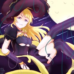 Rule 34 | 1girl, 2020, ayase eli, blonde hair, blue eyes, breasts, clothing cutout, dated, full moon, highres, large breasts, long hair, looking at viewer, love live!, love live! school idol project, moon, official style, outstretched leg, purple background, purple headwear, raised eyebrows, rui yi, smile, solo, striped clothes, striped thighhighs, thighhighs, thighs, underboob cutout