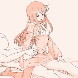 Rule 34 | 1boy, 1girl, am (summon night), arm support, blunt bangs, blush, breasts, breasts out, clothed sex, dress, faceless, faceless male, from side, girl on top, hands on another&#039;s hips, hetero, ikezawa shin, long hair, long sleeves, looking down, monochrome, nipples, open mouth, pantyhose, pink background, pink theme, reverse cowgirl position, sex, sex from behind, simple background, small breasts, straddling, summon night, sweat, torogao