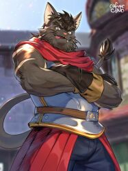 Rule 34 | 1boy, animal ears, armor, artist name, bad id, bad twitter id, bara, black gloves, black pants, cat boy, cat ears, cino, commentary, crossed arms, english commentary, facial scar, fangs, furry, furry male, gloves, jackson (ni no kuni), lion tail, looking at viewer, male focus, ni no kuni: cross worlds, pants, scar, scar across eye, scar on cheek, scar on face, slit pupils, sweat, tail, tongue, tongue out, whiskers, yellow eyes