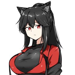 1girl absurdres animal_ears arknights black_hair black_shirt breasts closed_mouth commentary_request covered_collarbone eyes_visible_through_hair hair_between_eyes highres large_breasts long_hair looking_at_viewer red_eyes red_shirt shirt sidelocks simple_background solo texas_(arknights) undershirt upper_body white_background wolf_ears wolf_girl xibu_cai