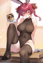 Rule 34 | 1girl, animal ears, arm behind back, bare shoulders, blush, breasts, commentary, covered navel, cup, dokuro-kun (houshou marine), english commentary, fake animal ears, feet, gloves, grin, heterochromia, highleg, highleg leotard, highres, holding, holding cup, hololive, houshou marine, knee up, large breasts, leotard, long hair, rabbit ears, raijuu (bakanara), red eyes, red hair, sitting, skull cup, smile, solo, teeth, thighhighs, thighs, twintails, virtual youtuber, white gloves, yellow eyes